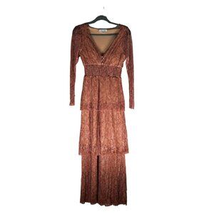 Haute Nites Metallic Orange Brown Sheer Maxi Dress